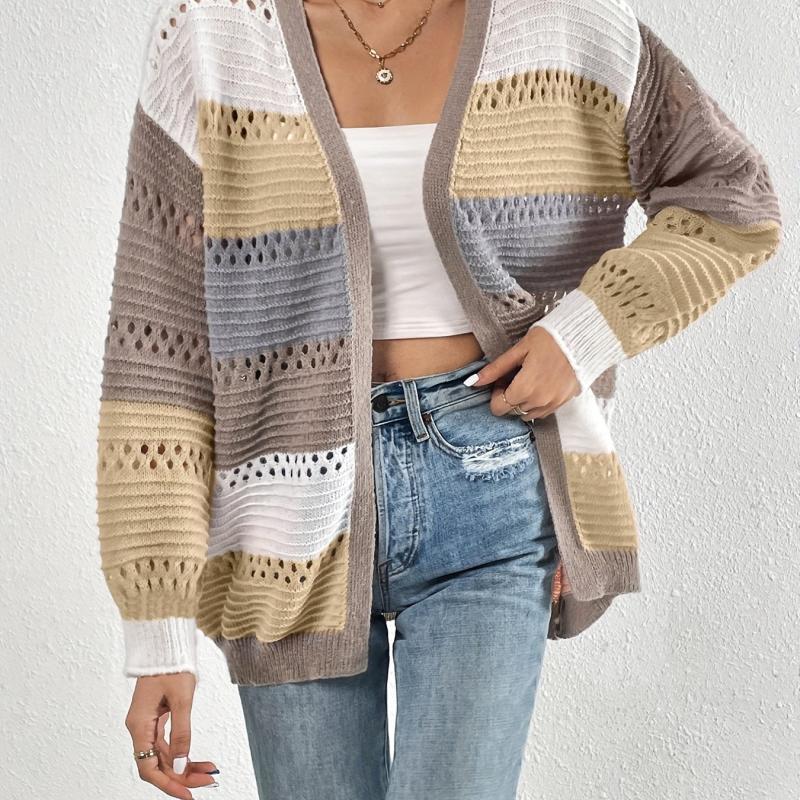 Cut Out Block Knit Cardigan Long Sleeve Sweater