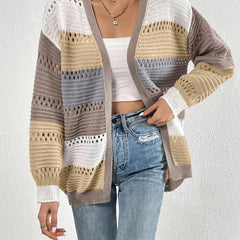 Cut Out Block Knit Cardigan Long Sleeve Sweater