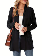 Solid Knit Cardigan Open Front Long Sleeve