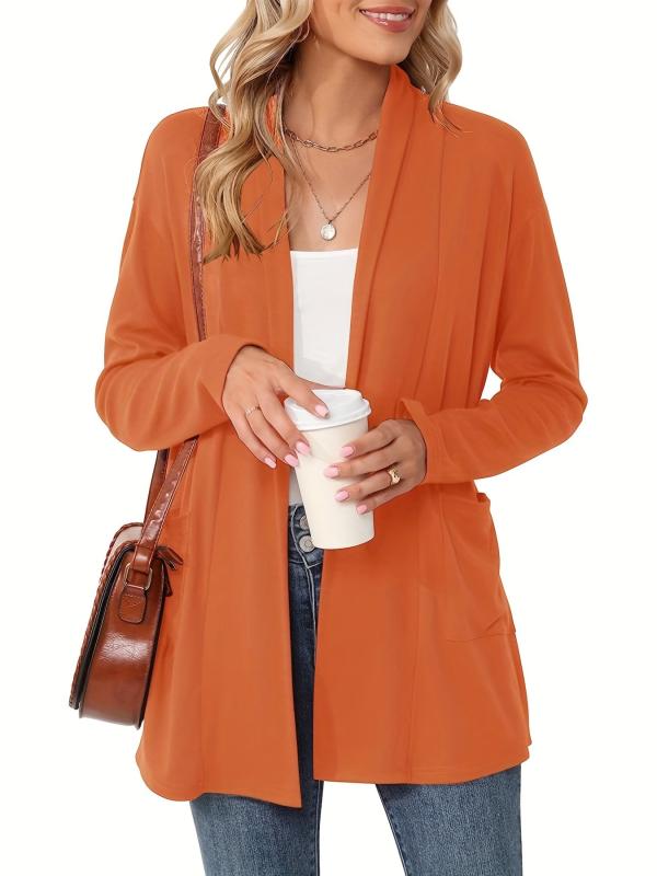 Solid Knit Cardigan Open Front Long Sleeve