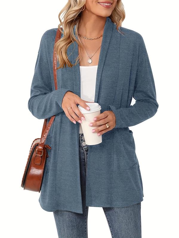 Solid Knit Cardigan Open Front Long Sleeve