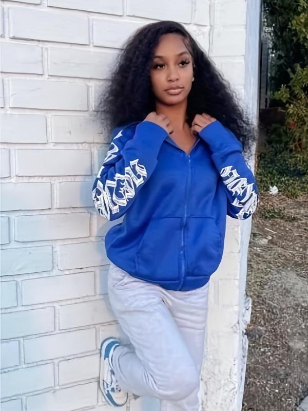 Letter Print Hooded Jacket Zip Up Casual Long Sleeve Outerwear