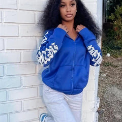 Letter Print Hooded Jacket Zip Up Casual Long Sleeve Outerwear