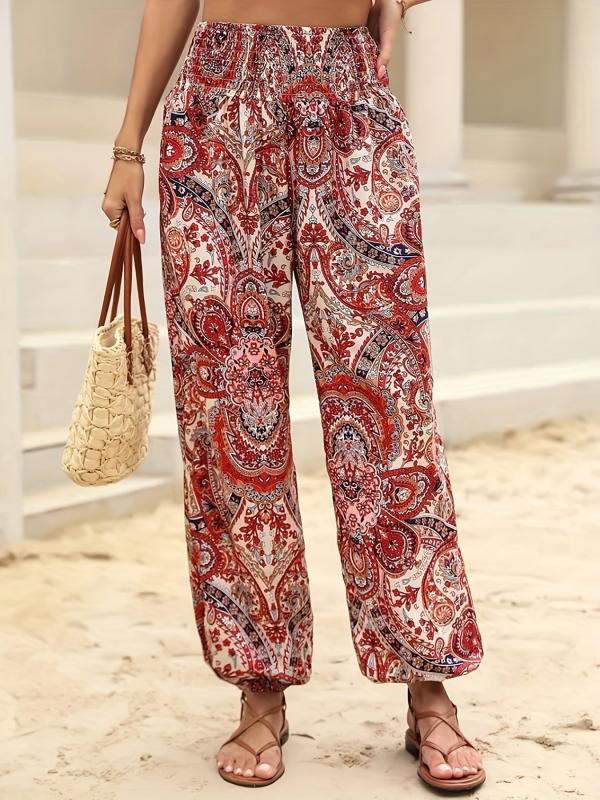 Paisley Print Shirred Pants Boho High Waist Pants