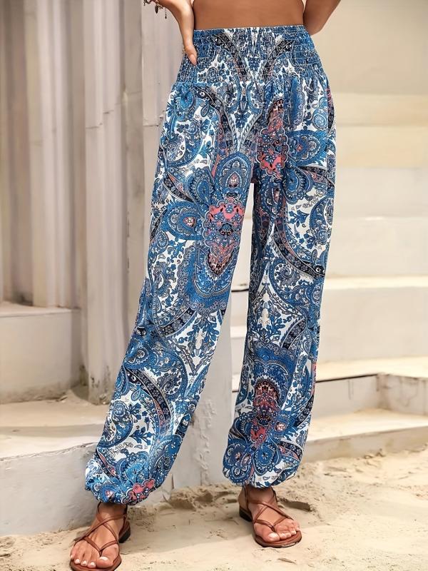 Paisley Print Shirred Pants Boho High Waist Pants