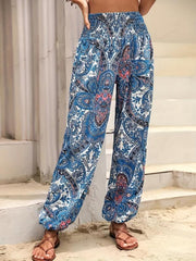 Paisley Print Shirred Pants Boho High Waist Pants