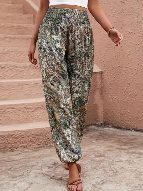 Paisley Print Shirred Pants Boho High Waist Pants