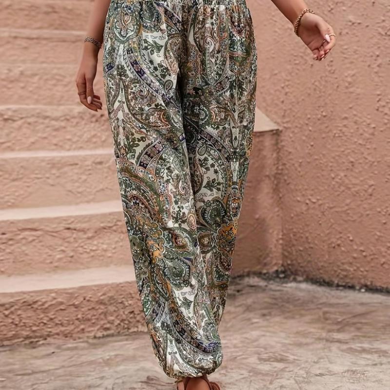Paisley Print Shirred Pants Boho High Waist Pants