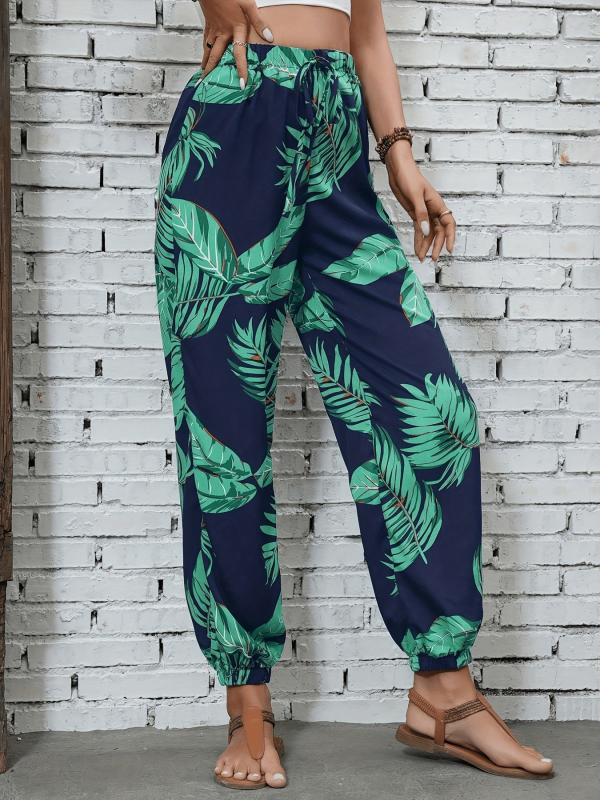 Leaves Print Drawstring Pants Vacation Elastic Waist