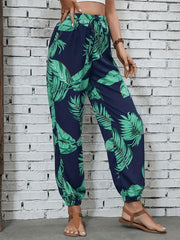Leaves Print Drawstring Pants Vacation Elastic Waist