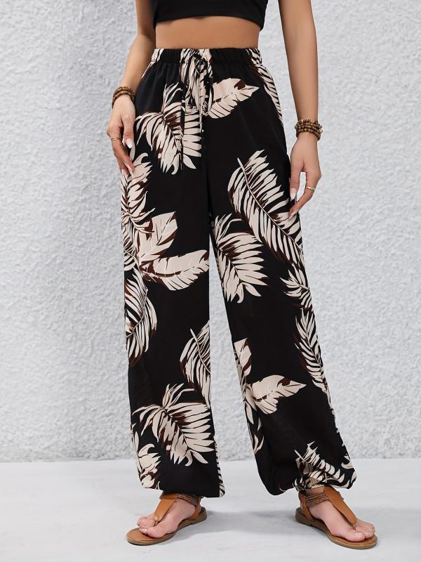 Leaves Print Drawstring Pants Vacation Elastic Waist