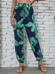 Leaves Print Drawstring Pants Vacation Elastic Waist