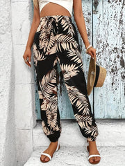 Leaves Print Drawstring Pants Vacation Elastic Waist