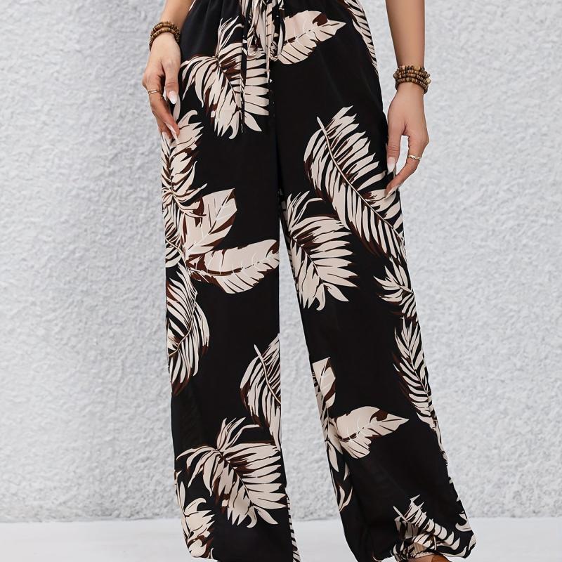Leaves Print Drawstring Pants Vacation Elastic Waist