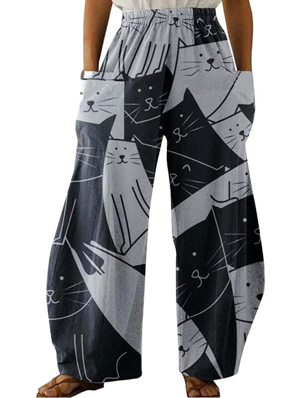 Women's Mid Waist Cat Print Long Pants