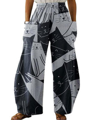 Women's Mid Waist Cat Print Long Pants