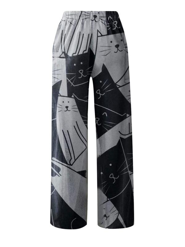 Women's Mid Waist Cat Print Long Pants