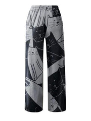 Women's Mid Waist Cat Print Long Pants