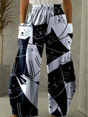 Women's Mid Waist Cat Print Long Pants