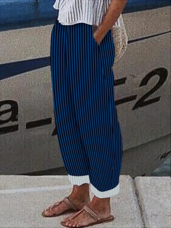 Striped Print Casual Wide Leg Pants With Pockets