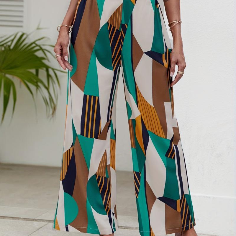 Geo Print Wide Leg Pants High Waist Women's Clothing
