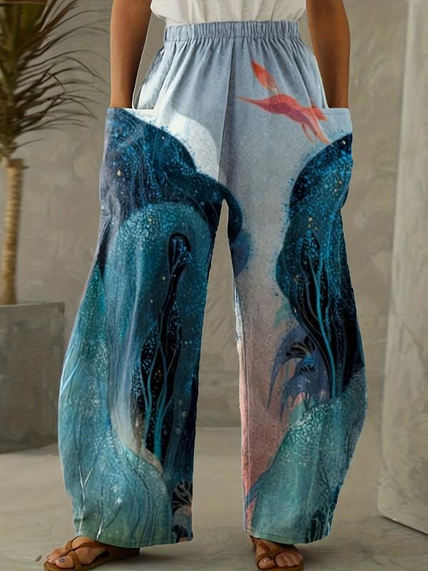 Women's Mid Waist Print Wide Leg Pants