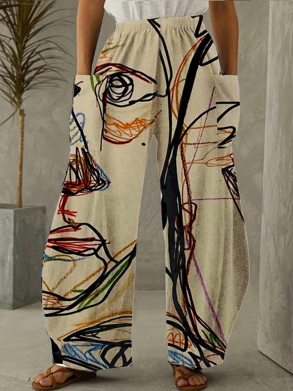 Women's Mid Waist Print Wide Leg Pants