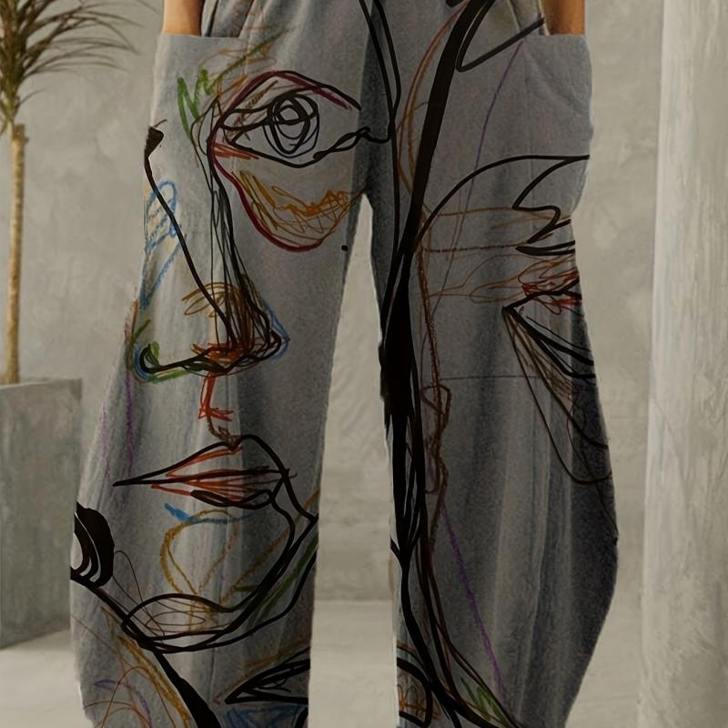 Women's Mid Waist Print Wide Leg Pants