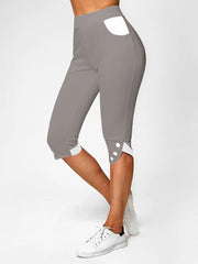 Solid Button Contrast Bodycon Cropped Pants