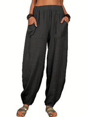 Versatile Elastic Waist Pants with Pockets Women's Clothing