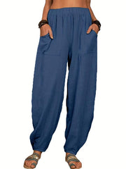 Versatile Elastic Waist Pants with Pockets Women's Clothing