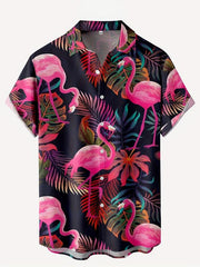 Flamingo Print Men s Short Sleeve Hawaiian Shirt - Summer Vacation Resort