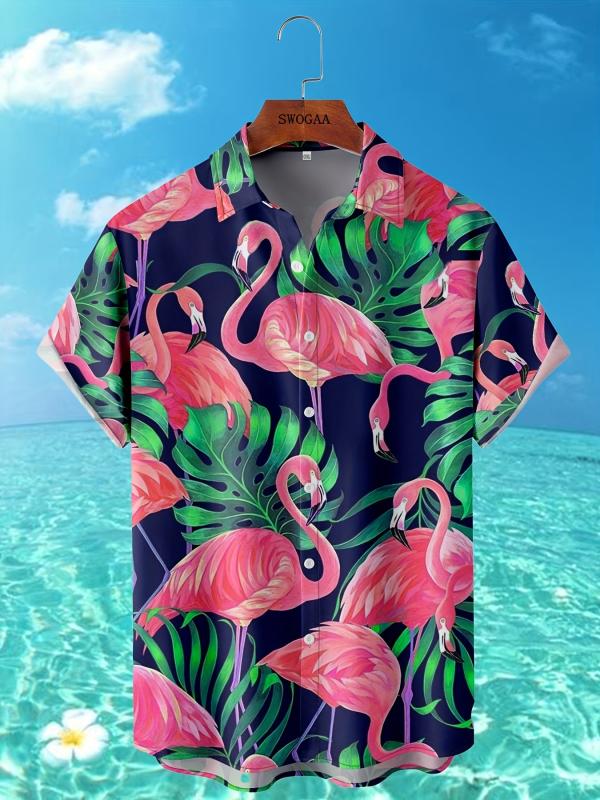 Flamingo Print Men s Short Sleeve Hawaiian Shirt - Summer Vacation Resort