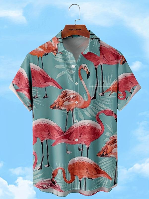 Flamingo Print Men s Short Sleeve Hawaiian Shirt - Summer Vacation Resort