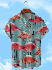 Flamingo Print Men s Short Sleeve Hawaiian Shirt - Summer Vacation Resort