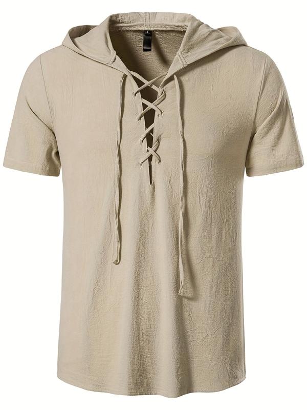 Men's Casual Lace Up Hooded Short Sleeve Shirt