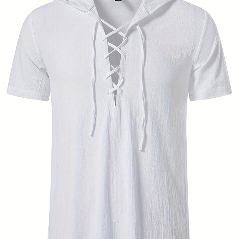 Men's Casual Lace Up Hooded Short Sleeve Shirt