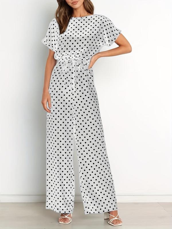 Polka Dot Wide Leg Jumpsuit Short Sleeve Jumpsuit
