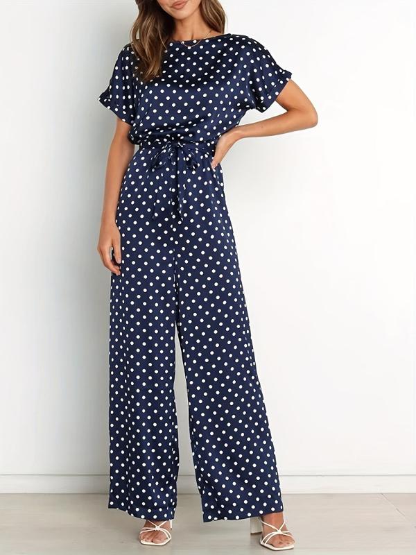 Polka Dot Wide Leg Jumpsuit Short Sleeve Jumpsuit