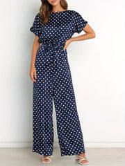 Polka Dot Wide Leg Jumpsuit Short Sleeve Jumpsuit