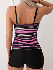 Stripes Pattern V Neck High Stretch 2 Piece Set Tankini Swimsuit
