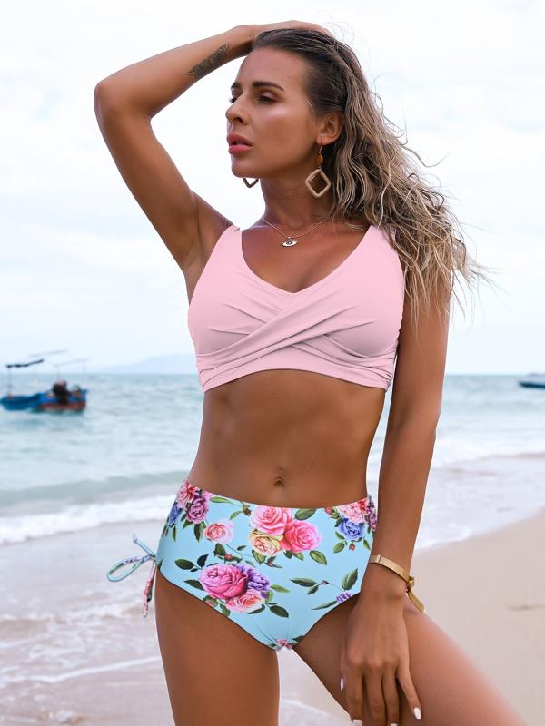 Print Bikini Set V Neck Layer Bra Tie Side High Cut Beachwear 2 Pieces Swimsuit