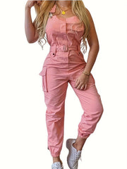 Flap Pockets Belted Overall Jumpsuit Casual Overall Jumpsuit For Spring & Summer