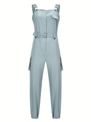 Flap Pockets Belted Overall Jumpsuit Casual Overall Jumpsuit For Spring & Summer