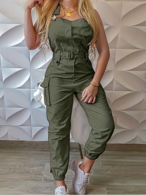 Flap Pockets Belted Overall Jumpsuit Casual Overall Jumpsuit For Spring & Summer