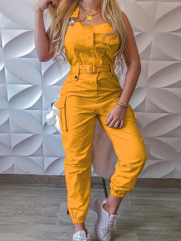 Flap Pockets Belted Overall Jumpsuit Casual Overall Jumpsuit For Spring & Summer