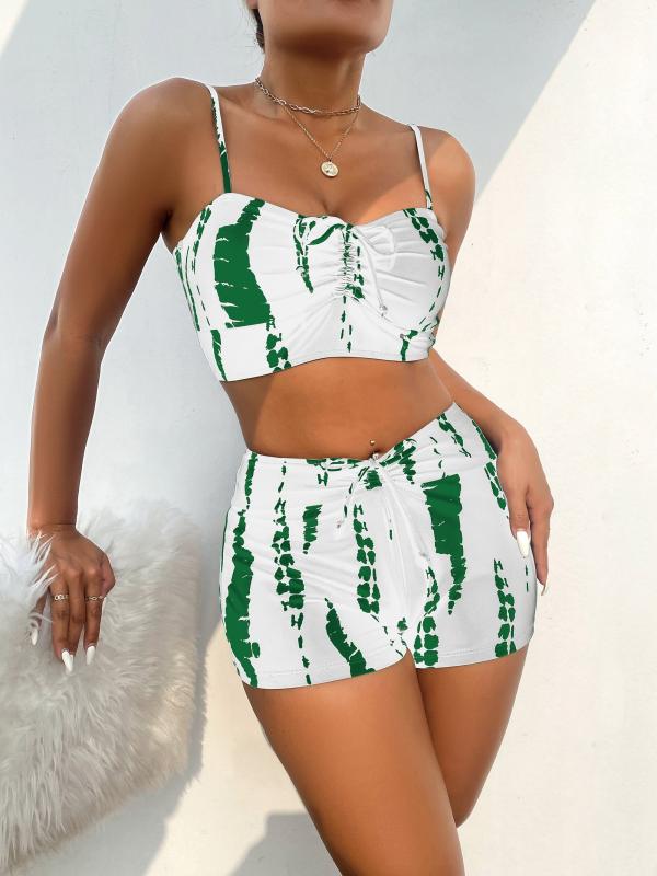 Bow Tie Front Tankini Set Spaghetti Straps High Waist Boxer Shorts