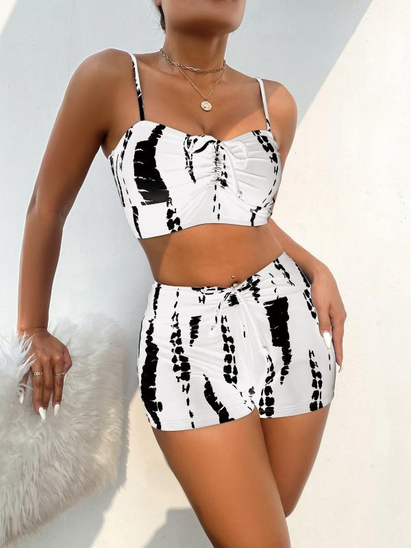 Bow Tie Front Tankini Set Spaghetti Straps High Waist Boxer Shorts