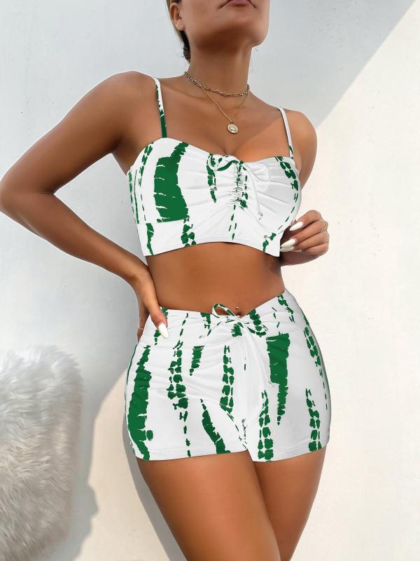 Bow Tie Front Tankini Set Spaghetti Straps High Waist Boxer Shorts