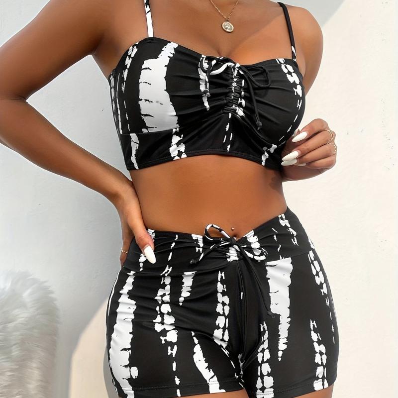 Bow Tie Front Tankini Set Spaghetti Straps High Waist Boxer Shorts